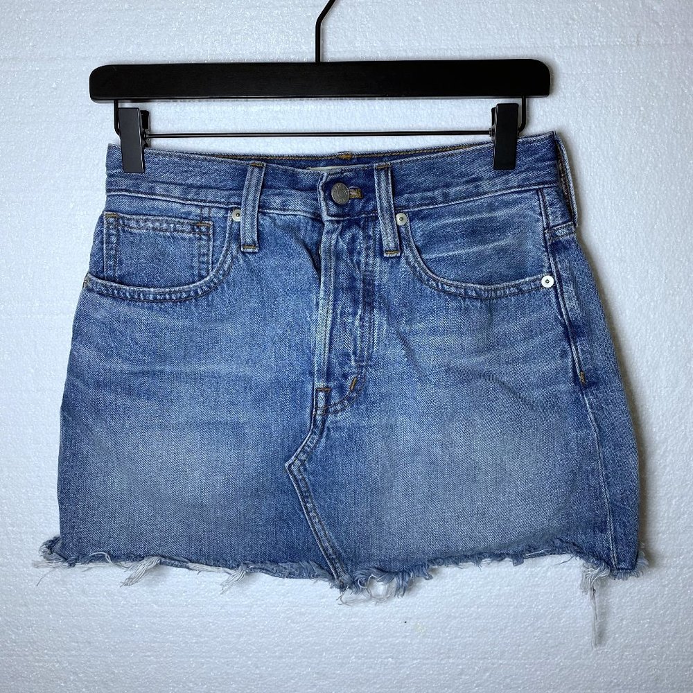 Madewell Womens Size 24 Rigid Denim Jean A-Line Mini Skirt Raw Hem Medium Wash